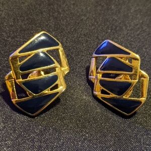 Vintage Monet Clip Earrings Black Enamel Geometric Gold Tone Metal